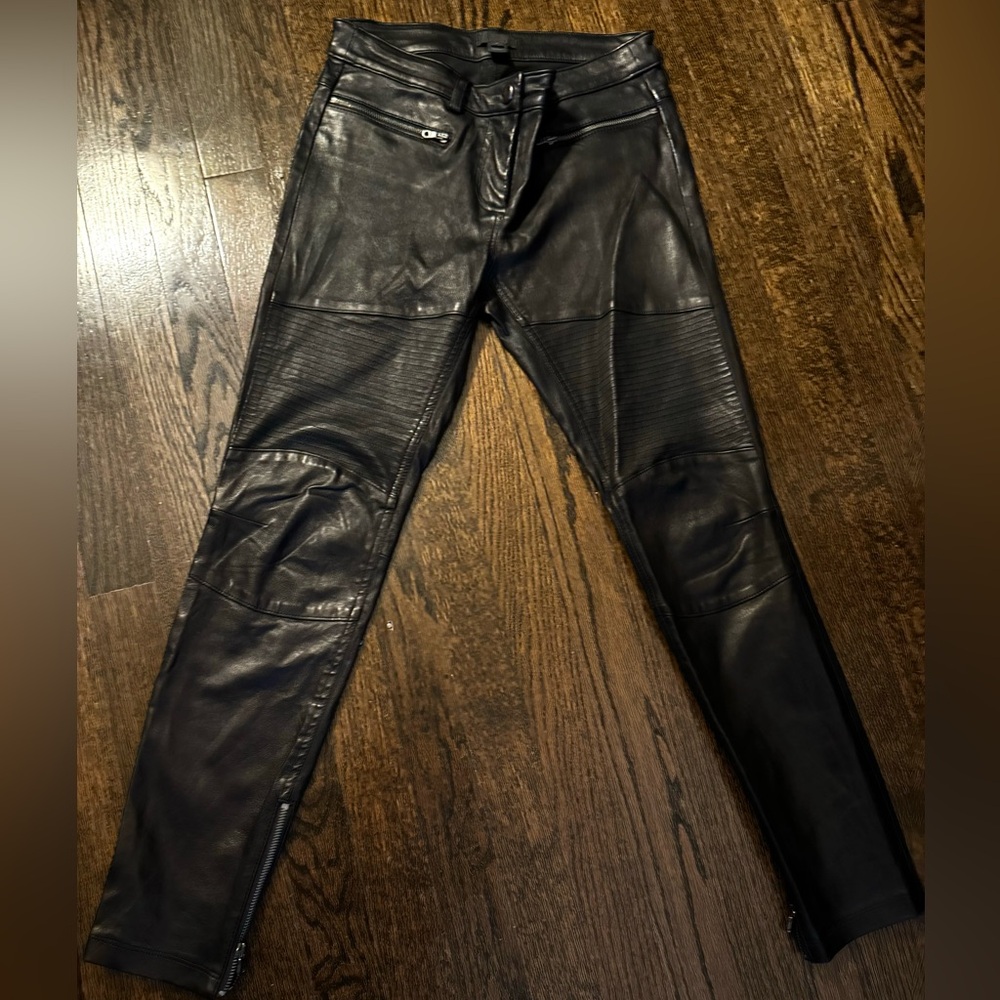 J. Crew Black Leather Moto Pants with Silver Zipper Detail